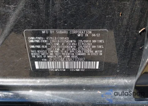 2022 Subaru Crosstrek Limited z USA, uszkodzony, nr VIN JF2GTHMC4NH270982